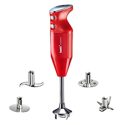 Afbeelding van bamix Staafmixer set M350 MAXX incl. multifunctioneel mes, Vlees , Groentemes, Gaatjesschijf, Gladde schijf van roestvrij staal, 350 Watt, 2 standen, Made in Switzerland, Rood/chroom
