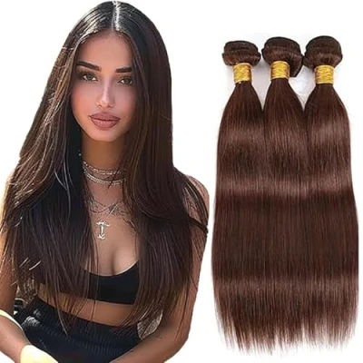 Afbeelding van Tuheerst 3 Bundles Human Hair Real Straight Extensions for Women #4 Chcolate Brown Doubles Weft No Semll Brazilian Remy 20 Inches