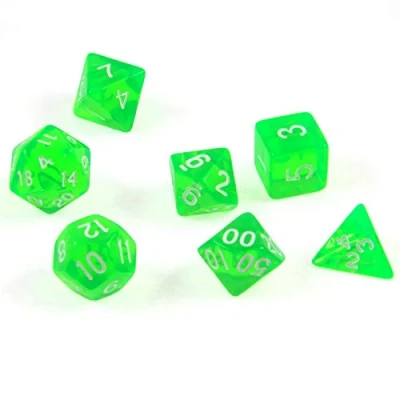 Afbeelding van shibby 7 polyedrische dobbelstenen voor rol en tabletopspellen in transparant/groen met zak, 60015385