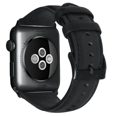 Afbeelding van Apple Watch Luxe Echt Lederen bandje Zwart Geschikt voor 38mm / 40mm 41mm