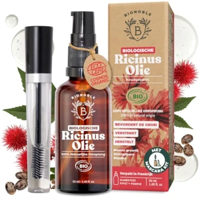 Afbeelding van BIOLOGISCHE RICINUSOLIE 100% Puur, Natuurlijk &amp; Koudgeperst Wimpers, Wenkbrauwen, Lichaam, Haar, Baard, Nagels Cruelty Free Castor Oil Glazen fles + Pipet Pompje Mascara set (50ml)