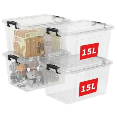 Afbeelding van Cetomo 15 l x 4 kunststof opbergdoos met robuust deksel en veilige vergrendelingsgespen, stapelbaar stapelbaar, stuks, transparant zwarte gesp