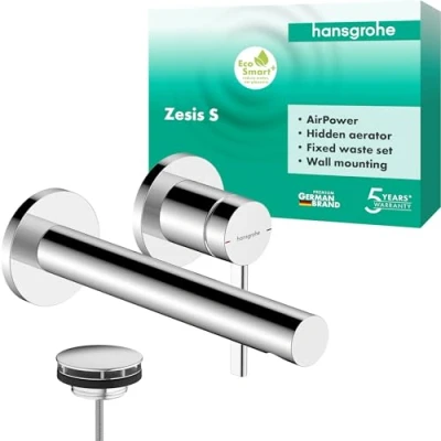 Afbeelding van hansgrohe Zesis S Wastafelkraan inbouw voor wandmontage met afvoer, Wastafelmengkraan voorsprong uitloop 19,4 cm, Badkamerkraan waterbesparend (EcoSmart+), chroom, 74750000