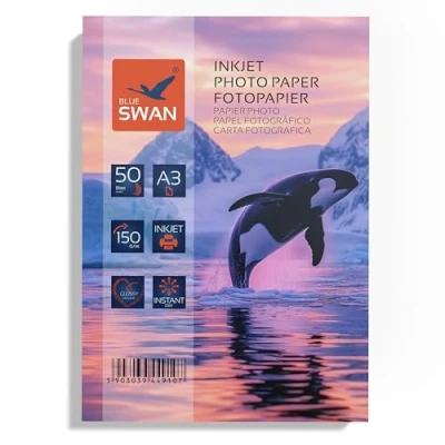 Afbeelding van Blue SWAN A3 Glanzend Inkjet Fotopapier, 150 g/m², Enkelzijdige Coating, Sneldrogend, Waterbestendig, Krasbestendig, Hoge Kleurhelderheid, DIN (297 x 420 mm), 50 Vellen