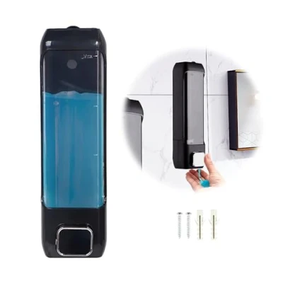 Afbeelding van Zeepdispenser, zwart, 400 ml, dispenser voor afwasmiddel, kunststof, zeepdispenser de muur, keuken, glas, douche, zeep, shampoo, 24 x 6,8 7 cm