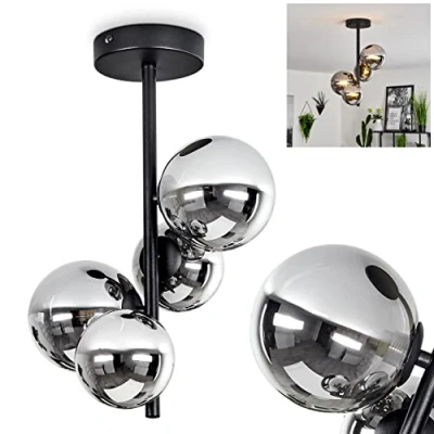 Afbeelding van plafondlamp Chehalis, moderne van metaal/glas in zwart/chroom/rookkleur, lamp met kappen gerookt glas retro/vintage design, Ø 10/12,5 cm, 4 x G9, zonder gloeilampen