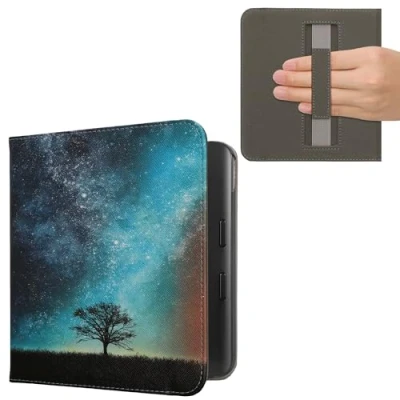Afbeelding van kwmobile E reader hoesje geschikt voor Kobo Libra Colour hoes flip case met magneetsluiting Ereader cover Sterrenstelsel en Boom design in blauw / grijs zwart