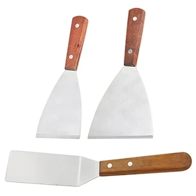 Afbeelding van Mousyee bakplaat spatel set, zware houten handvat Teppanyaki spatels roestvrij staal barbecue koken Turner en schraper platte voor keuken, 3 stuks