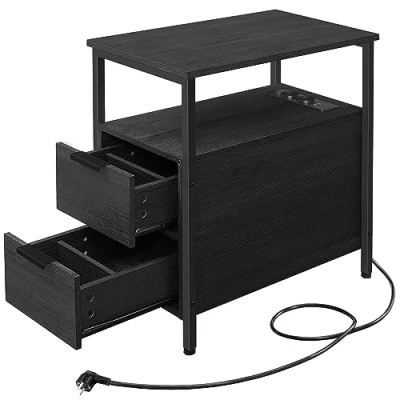 Afbeelding van VASAGLE Bijzettafel, nachtkastje met stekkerdoos, 2 laden, salontafel, voor woonkamer, slaapkamer, antracietgrijs klassiek zwart LET325B22