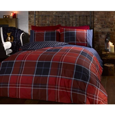 Afbeelding van Argyle King Size Dekbedovertrek en 2 Kussenslopen Omkeerbaar Beddengoed Bedset, Tartan Check Rood