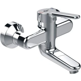 Afbeelding van Ideal standard ceraplus 2 wandkraan met draaibare uitloop 10cm metalen greep 11cm hoh 15cm niet afsluitbare koppelingen chroom bc114aa