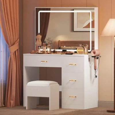Afbeelding van YITAHOME make uptafel met verstelbare ledverlichting en stopcontacten, kaptafel 4 laden kruk, spiegel, wit