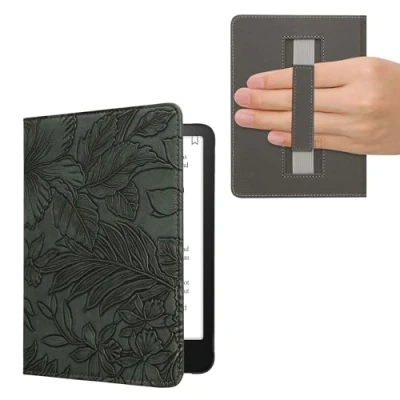 Afbeelding van kwmobile E reader hoesje geschikt voor Amazon Kindle Paperwhite (12. Gen 2024)/Kindle Colorsoft hoes flip case met magneetsluiting Ereader cover Bloemen in reliëf design groen