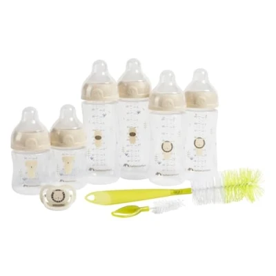 Afbeelding van Bebeconfort Physio Air complete flessenset, Bottle Feeding Essentials, 0+ maanden, bevat 6 babyflesjes, fopspeen en 2 in 1 flessenborstel, fysiologisch gevormde speen, anti koliek