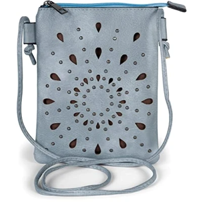 Afbeelding van styleBREAKER Dames Mini tas schoudertas met uitsparingen in etnobloemvorm en studs, schoudertas, handtas, 02012304, kleur:Jeansblauw