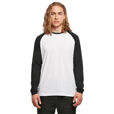 Afbeelding van Build Your Brand Heren T Shirt Contrast Raglan Longsleeve White/Black XS, wit/zwart, XS