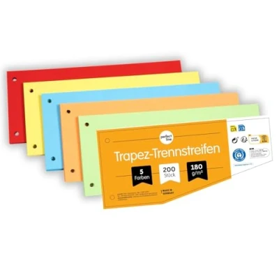 Afbeelding van perfect line 200 scheidingsstroken voor A4 ordners, scheidingsbladen van gerecycled karton, trapeziumvorm, 5 kleuren, 2 gaten geperforeerd, Made in Germany, Blue Angel gecertificeerd