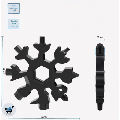 Afbeelding van Roestvrijstalen Zwarte Sleutelhanger en schroevendraaier in 1 vorm van sneeuwvlok Gadget 18 Multi tool: schroevendraaier, inbussleutel, ringsleutel, flessenopener, blikopener, mes Ideaal cadeau hem/haar Sinterklaas Kerst