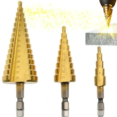 Afbeelding van Retoo Trappenboor, 3 delige trapboorset, schilboorset, Exact spiraalgroef kegelboor 4 mm tot 12/20/32 mm, titanium gecoat, professionele metaalboorset voor metaal, hout, kunststof