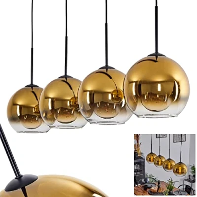 Afbeelding van Koyoto hanglamp, metaal/glas hanglamp in zwart/goud/helder, 4 lamps lamp vintage/retro design met glazen kappen (Ø 20 cm), hoogte max. 152,5 cm, x E27, gloeilampen niet inbegrepen