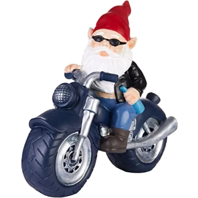 Afbeelding van BRUBAKER Motorfiets Tuinkabouter Zwart Kabouter Motorrijder Biker met Bierfles Grappig Rocker Tuinbeeldje Weerbestendige Decoratie voor Tuin Camping en Buiten 28 cm