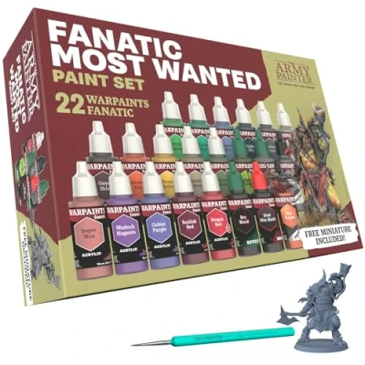 Afbeelding van The Army Painter, Warpaints Fanatic Most Wanted Combo Set, 22 x 18 ml acrylverf, inclusief 2 metalen, effecten, 1 wasbeurt, penselen en figuur, voor Warhammer figuurschilderen