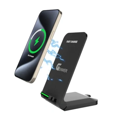 Afbeelding van GENWER Draadloze inductie oplader, 15 W, Qi gecertificeerd, draadloos opladen met dubbele spoel voor iPhone 16 14 13 12 11 Pro Max Samsung Huawei Xiaomi Google etc telefoonhouder (zwart)