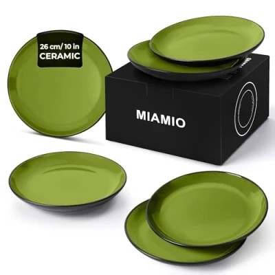 Afbeelding van MIAMIO 6 x Bord/Dinner Plate Set Aardewerk Keramiek Servies Le Papillon Collectie (Groen, 25,5 cm)