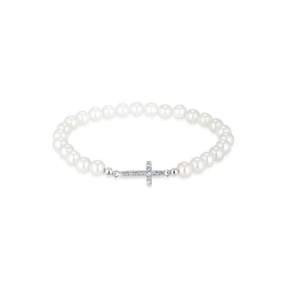 Afbeelding van Elli Dames Kruis Elegant met Schelpkern Kralen en Kristallen in 925 Sterling Zilver