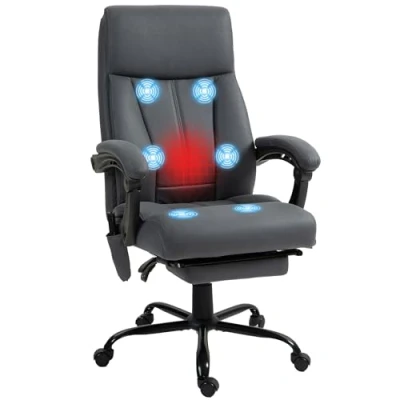 Afbeelding van Vinsetto bureaustoel met massagefunctie, ergonomische ligfunctie, lendenverwarming, in hoogte verstelbaar, computerstoel voetensteun, draaifunctie, donkergrijs