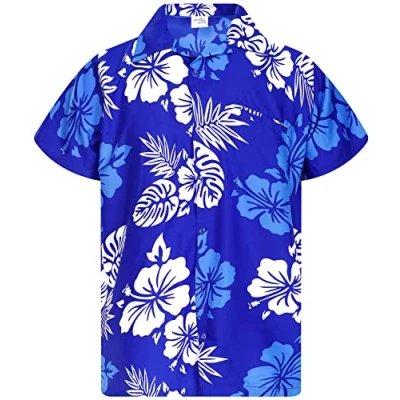 Afbeelding van King Kameha Funky Aloha Hawaiihemd met korte mouwen voor heren, regular fit, casual, button down, vlammen, Mono hibiscus design blauw wit, XL