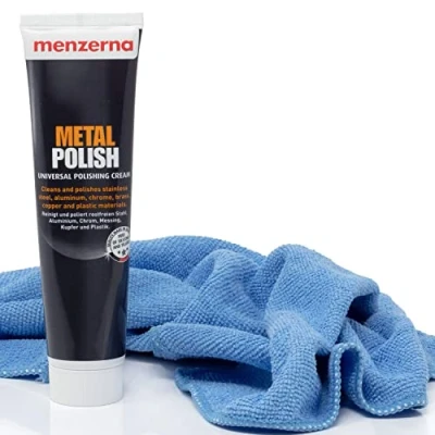 Afbeelding van Detailmate Menzerna Metal Polish voor motorfiets, 125 gram, reinigt roestvrij staal, aluminium, chroom, koper, zilver, kunststof, een perfecte glans + microvezel polijstdoek 40 x cm