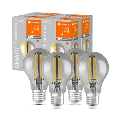 Afbeelding van LEDVANCE Slimme LED lamp met Wifi, E27 basis, Dimbaar, Warm wit (2500K), Bolvorm, Heldere gloeidraad in gerookt glas, Vervanging voor 44W gloeilampen, Bedienbaar Alexa, Google &amp; App, 4 pak