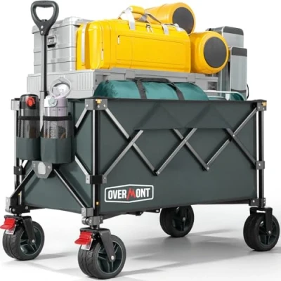 Afbeelding van Overmont opvouwbare festivaltrolley 150 kg capaciteit wagen voor camping strand tuin picknick winkelen, zware kar met verstelbare handgreep en all terrain wielen rem, grijs