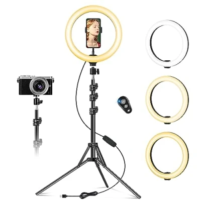 Afbeelding van ringlamp met standaard en telefoonhouder, 10 inch dimbare 3 kleuren helderheid, USB aangedreven, verhoog slang, cirkellicht voor iPhone, Selfie, Youtube Video, Live Streaming, Make up