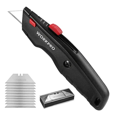 Afbeelding van WORKPRO Premium tapijtmes, intrekbaar universeel mes van volledig metaal, duurzaam cuttermes met snelwisselmes, 10 extra messen, zwart