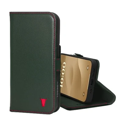 Afbeelding van TORRO Case Compatibel met iPhone 15 Premium lederen portemonneehoes standaard en kaartsleuven (Groen)