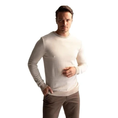 Afbeelding van DeFacto heren gebreide trui met lange mouwen ronde hals sweater slim fit voor tops (stone, 5XL), stone, 5XL