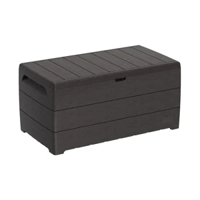 Afbeelding van Duramax Cedargrain Durabox 416 Liter/110 Gallons, Outdoor Plastic Deck Box en Tuinmeubelorganisator, Woodgrain Textuur, Afsluitbare Kussendoos met gasfles, Donkerbruin