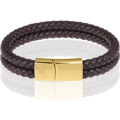 Afbeelding van Memphis dubbele leren armband Donkerbruin Goudkleurig 22cm
