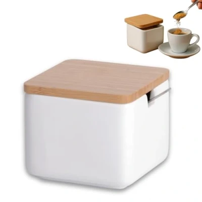 Afbeelding van Keramische suikerpot met bamboelepel en deksel suikerlepel voor huis keuken, moderne bolvorm suiker, kaas, kruiden, 10 x 9 cm, wit
