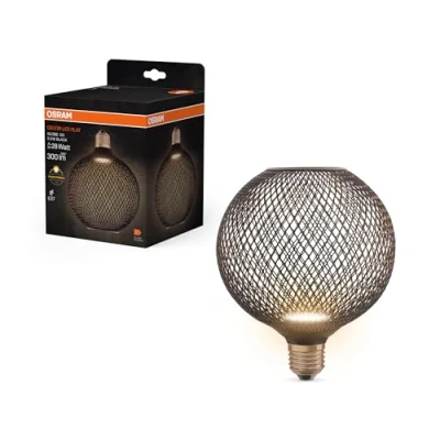 Afbeelding van OSRAM DECOR LED FLAT Globe is een platte ronde lamp met 3,5 W, 300 lm/2700 K, in warm wit 827, frosted, van kunststof zwart, E27 schroefschroef, niet dimbaar, diameter 125 mm.