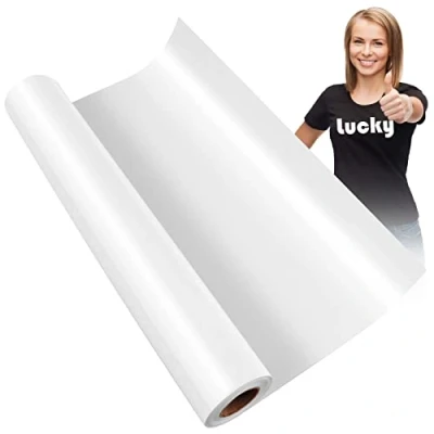 Afbeelding van KEWUZY Plotterfolie voor textiel, wit, 30,5 cm x 5 m, warmteoverdracht vinyl, flexfolie, transferfolie, flexfolie ijzeren hete pers, T shirts en meer stoffen, doe het zelf patronen