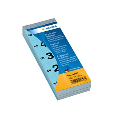 Afbeelding van HERMA 4893 nummerlabels cijfers 1 500, dubbel (56 x 28 mm, papier, mat) zelfklevend, permanent hechtend, doorlopende nummerblok, 500 etiketten, blauw