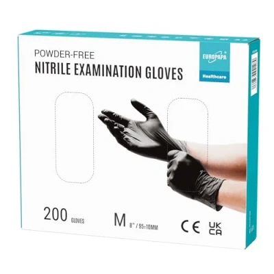 Afbeelding van EUROPAPA® 200 x wegwerphandschoenen, nitrilhandschoenen, poedervrij, onderzoekshandschoenen, EN455 EN374, latexvrij, verkrijgbaar in de maten S, M, L en XL (M, Zwart)