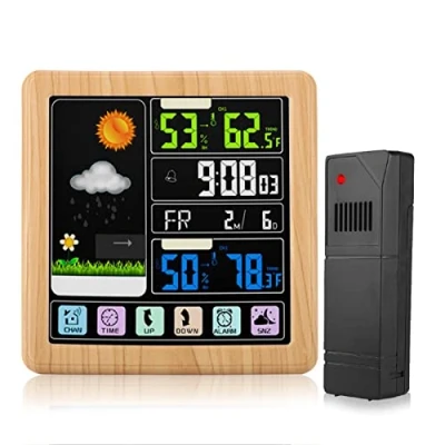 Afbeelding van Garsent Draadloos weerstation met kleurendisplay, touchscreen, draadloze weersvoorspelling alarm, temperatuur luchtvochtigheid, klok voor binnen en buiten, houtkleur