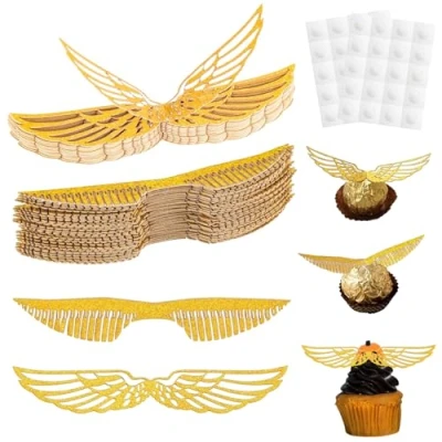 Afbeelding van Gouden glitter vleugels cupcake decoratie, 50 stuks Harry Potter verjaardagsdecoratie, chocolade goud glanzende taartdecoratie voor snoep verjaardag party cupcakes decoratie