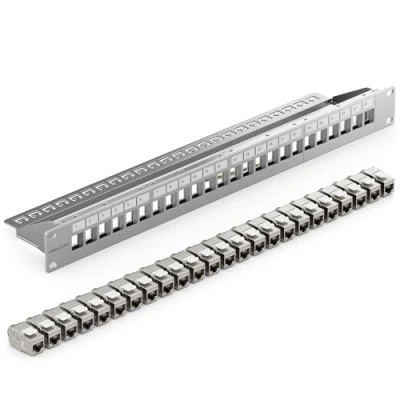 Afbeelding van deleyCON 24 Poorts Patchpaneel Set Modulair 1 U 19&quot; Inch Rekinstallatie + 24x RJ45 Keystone Modules CAT6a Compatibel met CAT5 CAT6 CAT7 LAN Netwerk Kabel Installatie Grijs