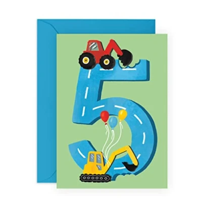 Afbeelding van CENTRAL 23 Vijfde verjaardagskaart voor jongens, Happy 5th Birthday Leeftijd 5 Vijfjarige Wenskaart tractoren Leuke bouwvoertuig thema kaart kinderen zoon, kleinzoon met stickers