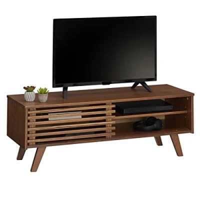 Afbeelding van IDIMEX tv Lowboard Sean, mooie televisietafel met 2 vakken, praktisch meubel schuifdeur, mooi dressoir van massief grenenhout, kastanjekleur